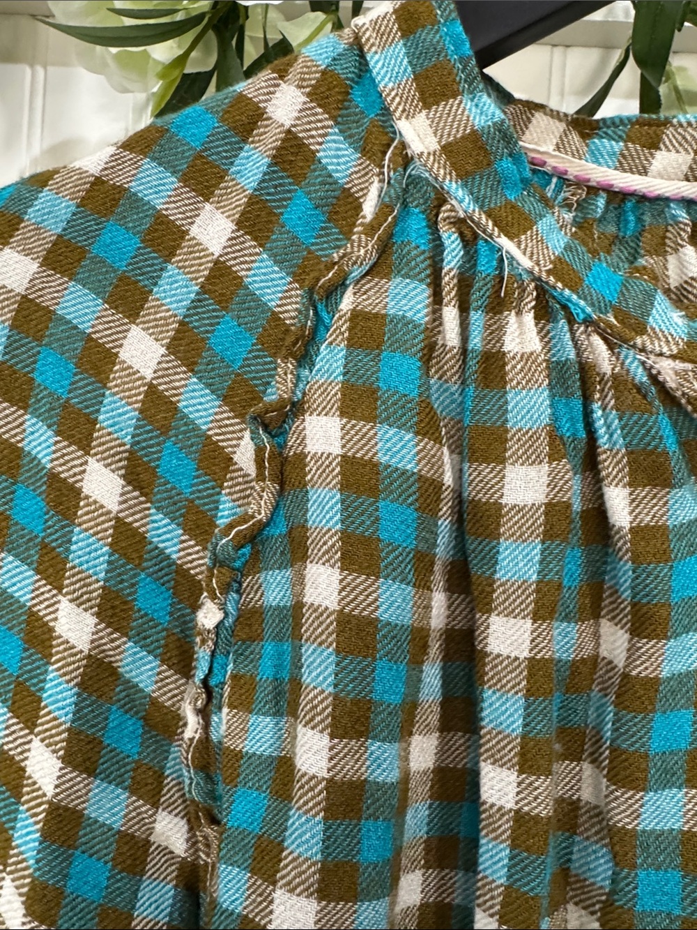 #639 Anthropologie PILCRO Breezy Teal & Olive Checked Button-Down Shirt - Picture 10 of 12